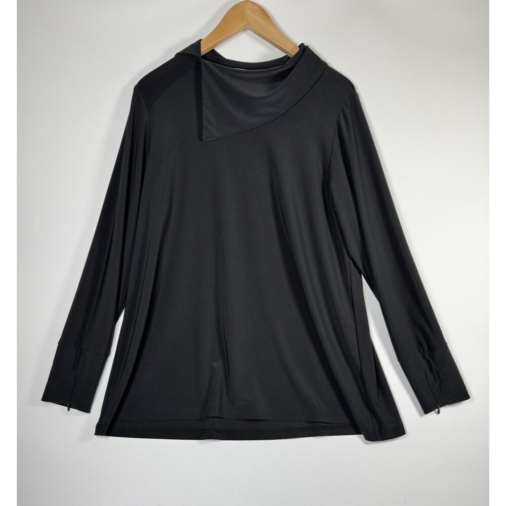 Sympli Tunic Top Women 12 Black Cowl Neck Asymmetrical Stretch Travel Minimalist